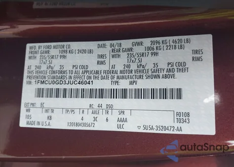 2018 Ford Escape Se from USA, damaged, VIN 1FMCU0GD3JUC46041